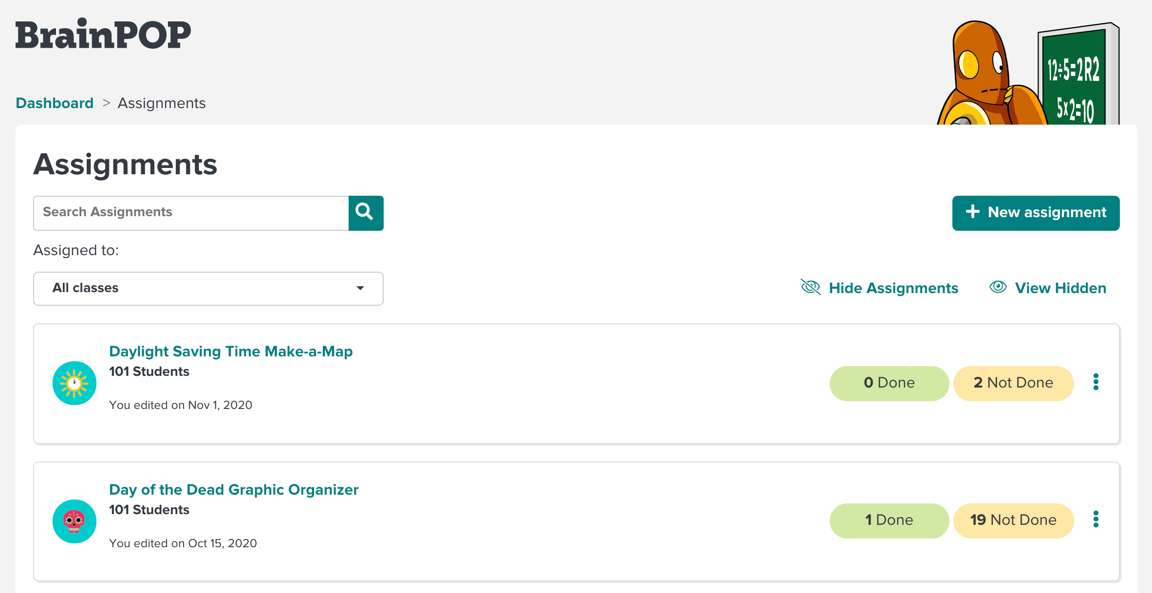 image of the assignment dashboard