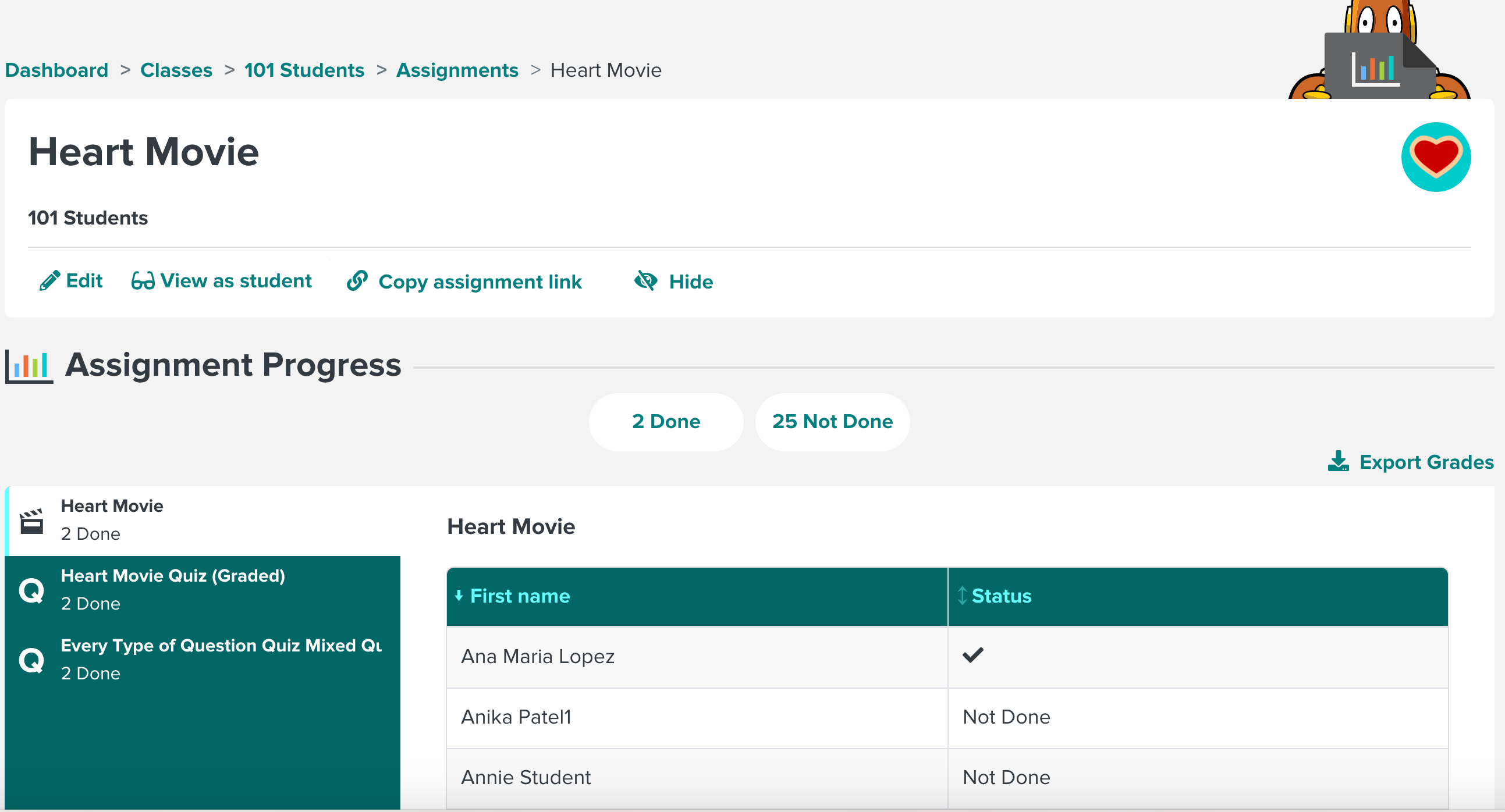 image of assignment progress view