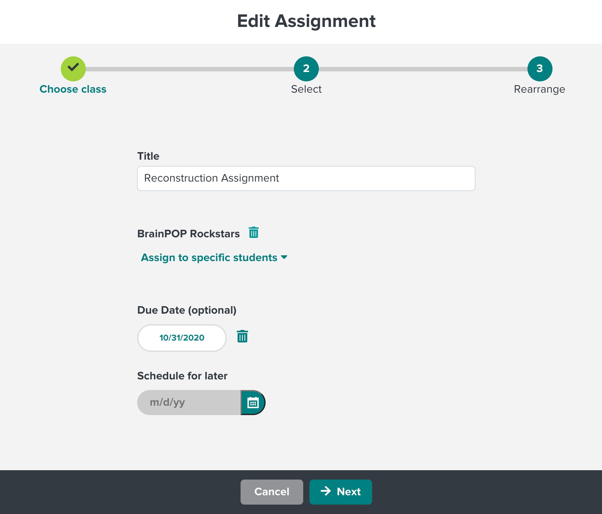 image of the assignment editor with the next button included